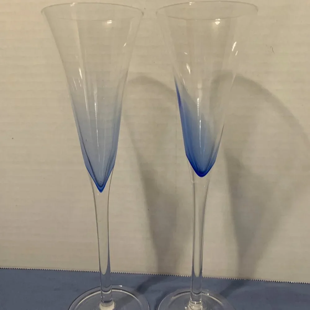 GLASSES - 2 set Crate & Barrel Krosno Champagne flutes Blue Rhapsody hand blown